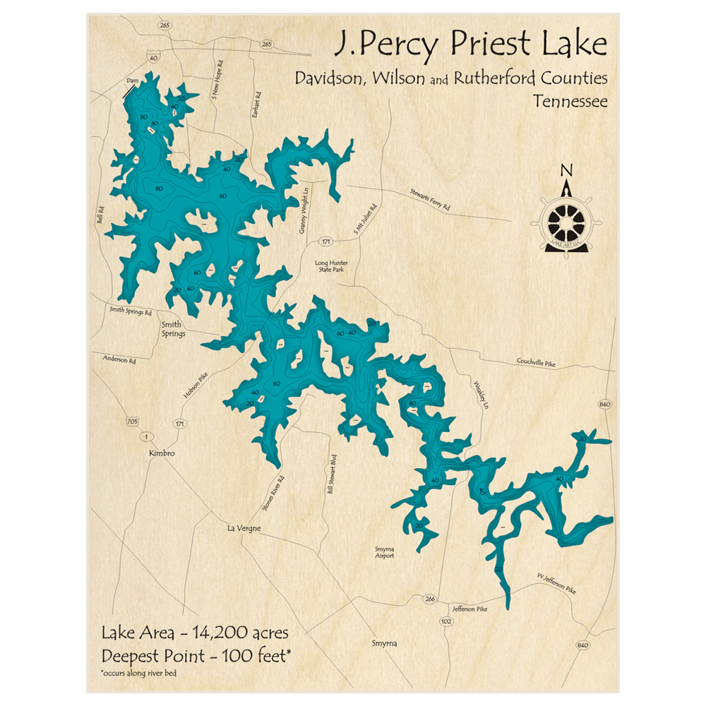 Bathymetric topo map of J Percy Priest Lake with roads, towns and depths noted in blue water