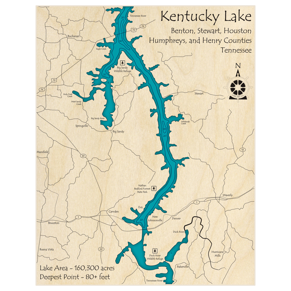 Bathymetric topo map of Kentucky Lake (State of Tennessee Section) with roads, towns and depths noted in blue water
