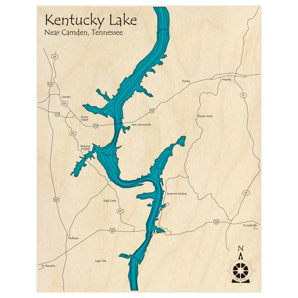 Bathymetric topo map of Kentucky Lake (Camden Region) with roads, towns and depths noted in blue water