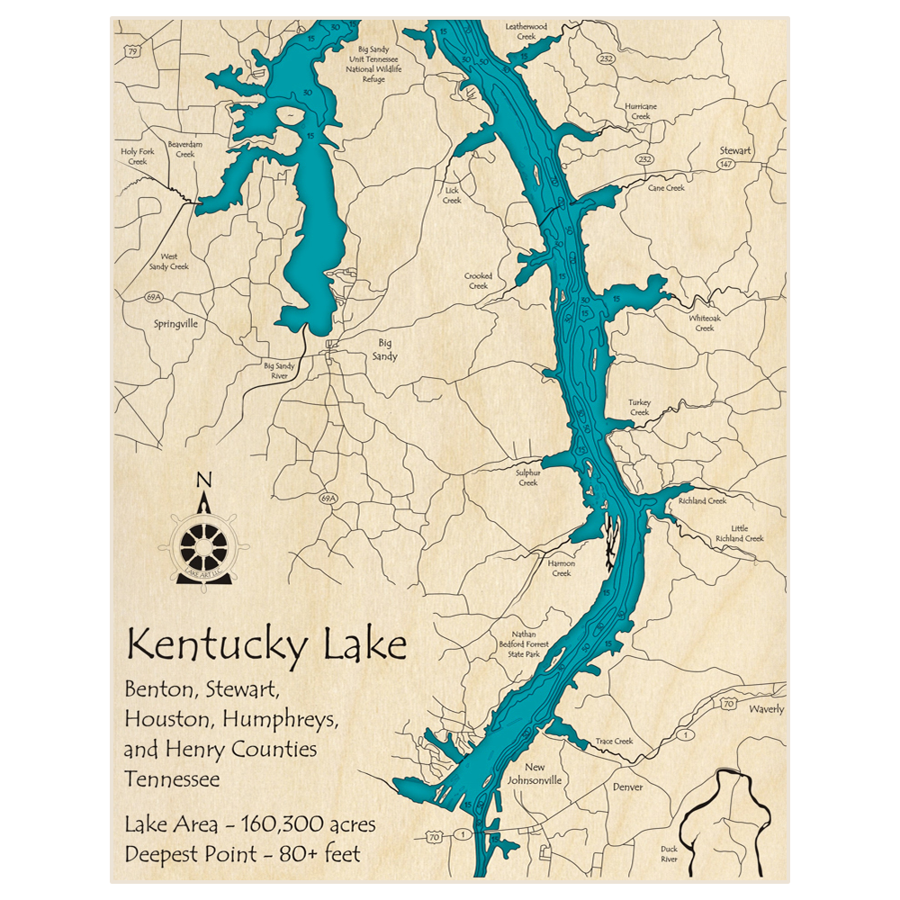Bathymetric topo map of Kentucky Lake (Zoomed In HWY 1 to Stewart County Line) with roads, towns and depths noted in blue water
