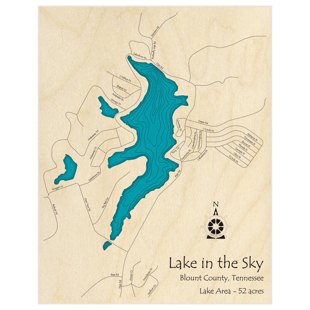 Bathymetric topo map of Lake in the Sky  with roads, towns and depths noted in blue water