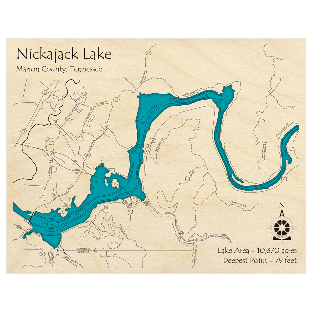 Bathymetric topo map of Nickajack Lake with roads, towns and depths noted in blue water