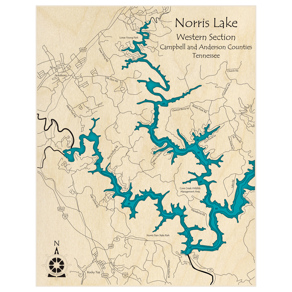 Bathymetric topo map of Norris Lake (Western Section) (Near Jacksboro and Rocky Top) with roads, towns and depths noted in blue water