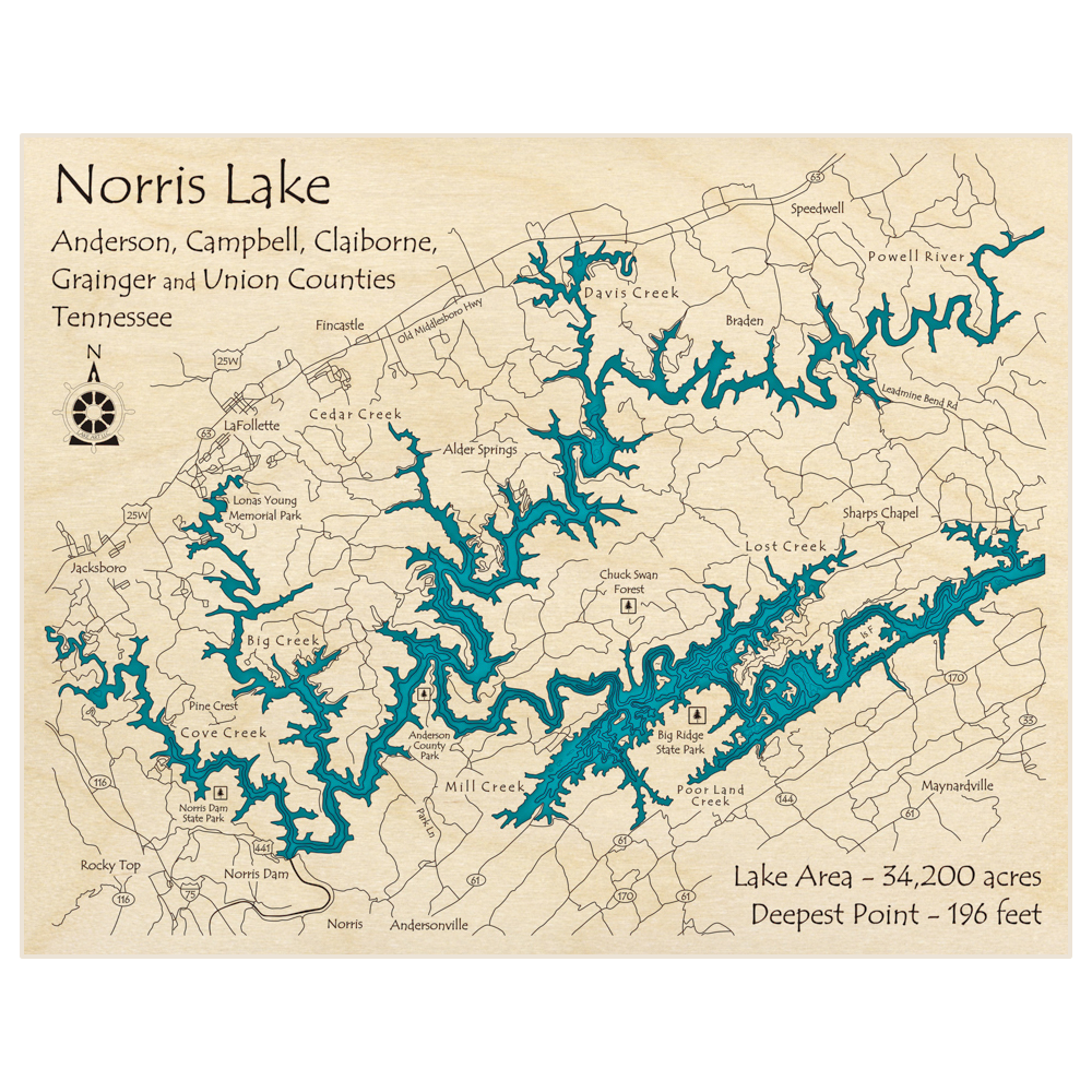 Bathymetric topo map of Norris Lake (Zoomed in from Jacksboro to Maynardsville) with roads, towns and depths noted in blue water