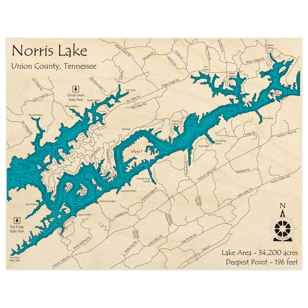 Bathymetric topo map of Norris Lake (Eastern Half) (Narrows to Hwy 33 Bridge) with roads, towns and depths noted in blue water
