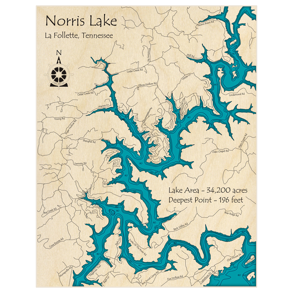 Bathymetric topo map of Norris Lake (Near LaFollette) with roads, towns and depths noted in blue water