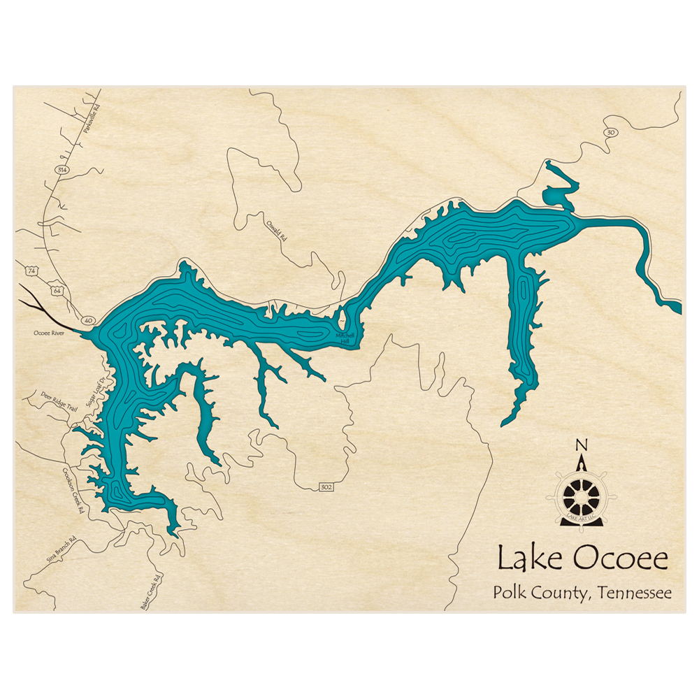 Bathymetric topo map of Lake Ocoee with roads, towns and depths noted in blue water