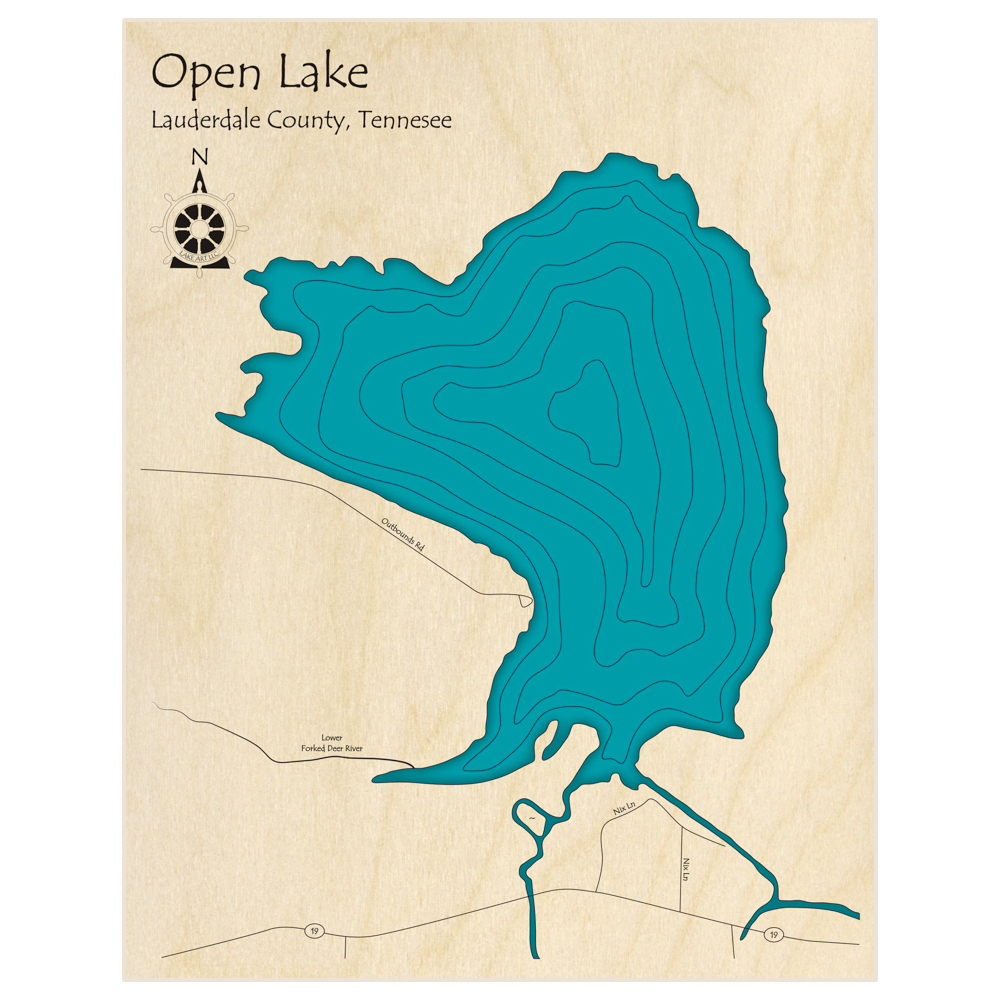 Bathymetric topo map of Open Lake  with roads, towns and depths noted in blue water