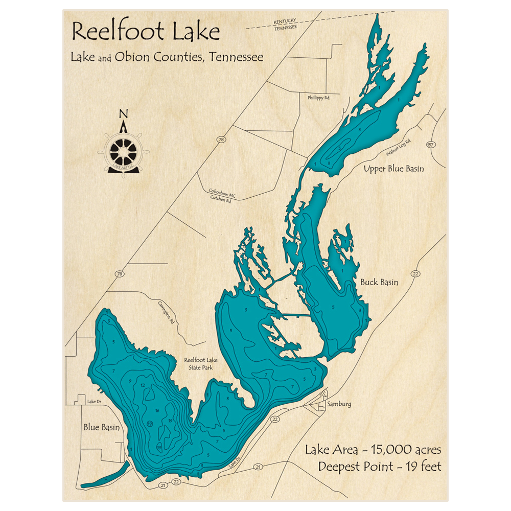 Bathymetric topo map of Reelfoot Lake with roads, towns and depths noted in blue water