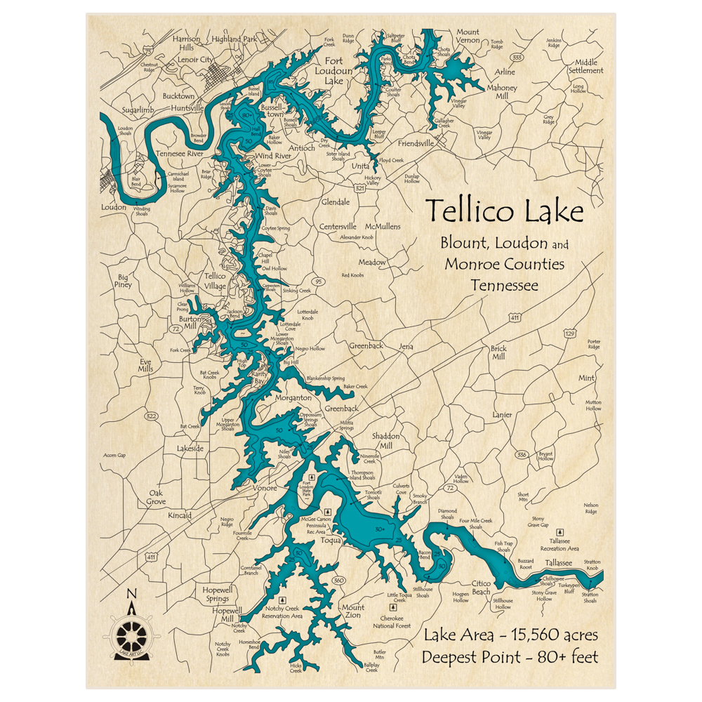 Bathymetric topo map of Tellico Lake with roads, towns and depths noted in blue water