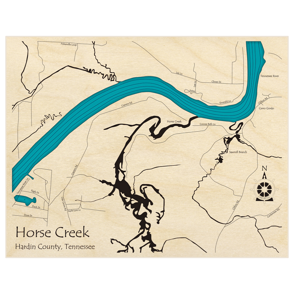 Bathymetric topo map of Horse Creek (small section of Tennessee River) with roads, towns and depths noted in blue water