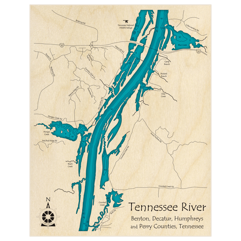 Bathymetric topo map of Tennessee River Near I40 (crooked creek/blue creek area) with roads, towns and depths noted in blue water