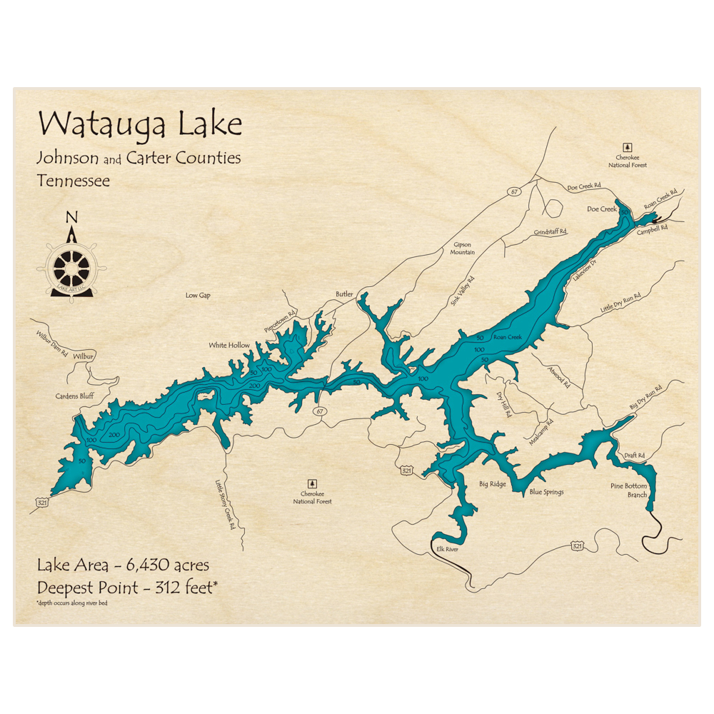 Bathymetric topo map of Watauga Lake with roads, towns and depths noted in blue water