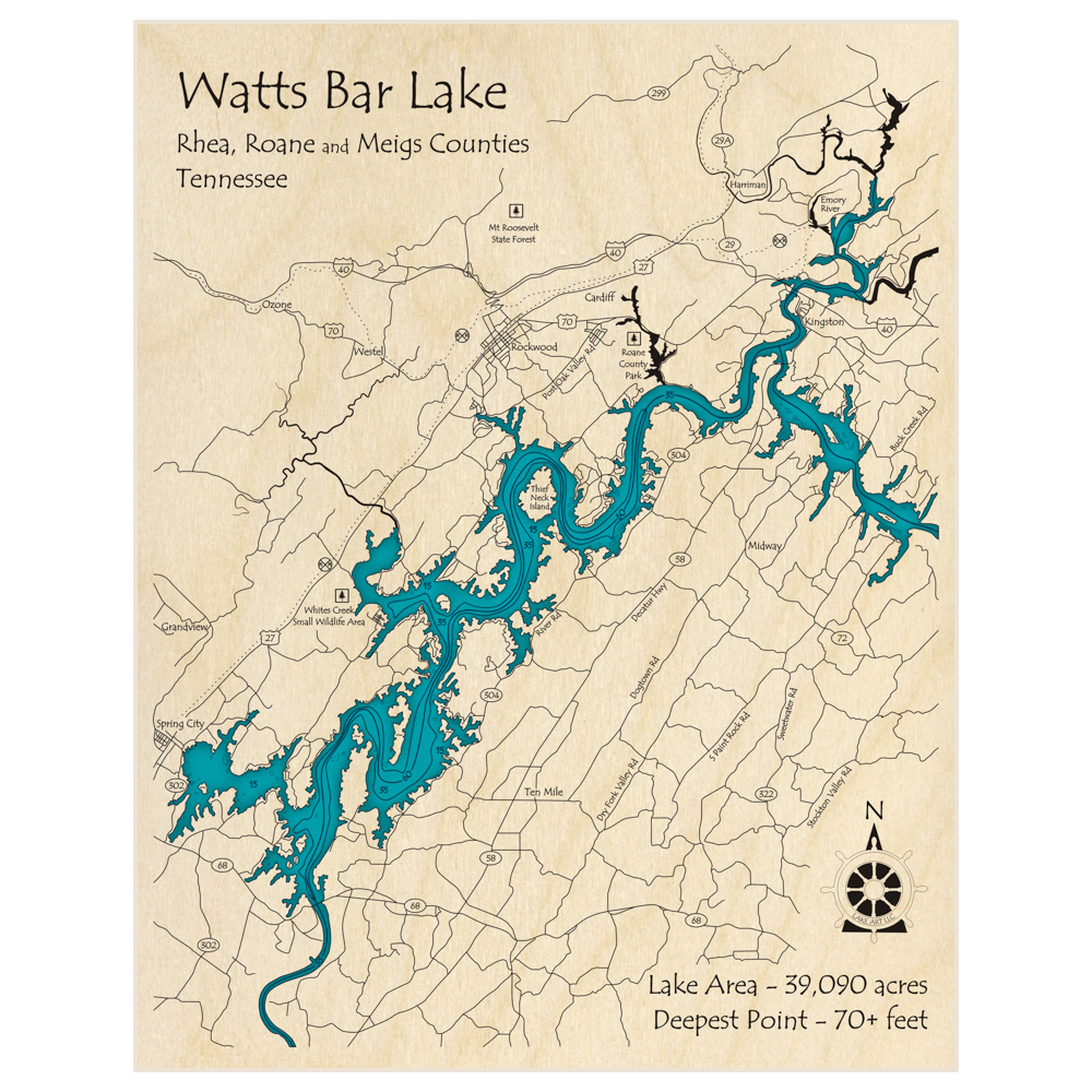 Bathymetric topo map of Watts Bar Lake with roads, towns and depths noted in blue water