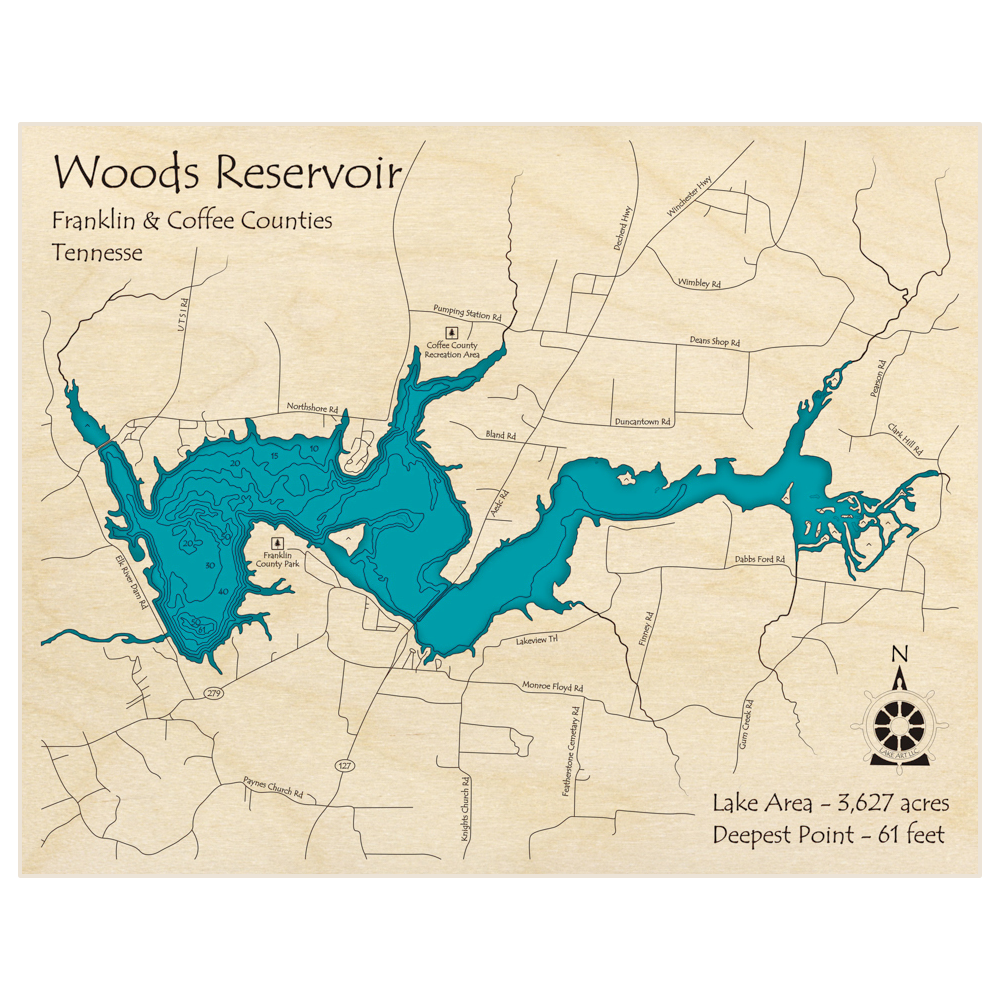 Bathymetric topo map of Woods Reservoir with roads, towns and depths noted in blue water