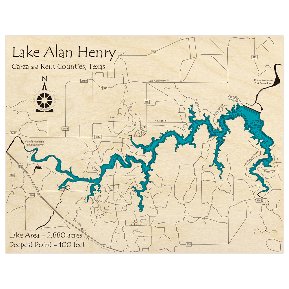 Bathymetric topo map of Alan Henry Lake with roads, towns and depths noted in blue water