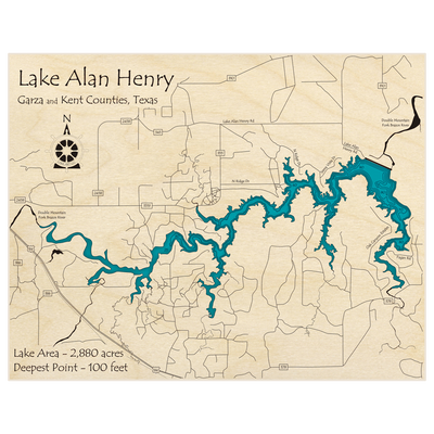 Bathymetric topo map of Alan Henry Lake with roads, towns and depths noted in blue water