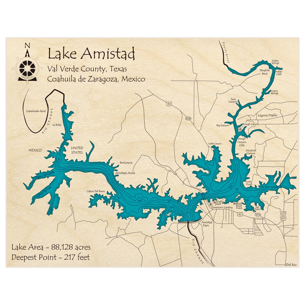 Bathymetric topo map of Lake Amistad with roads, towns and depths noted in blue water