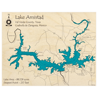 Bathymetric topo map of Lake Amistad with roads, towns and depths noted in blue water