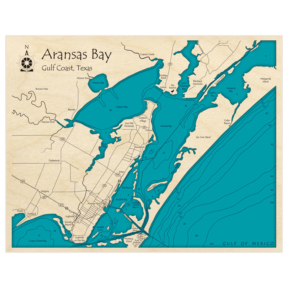 Bathymetric topo map of Aransas Bay with roads, towns and depths noted in blue water