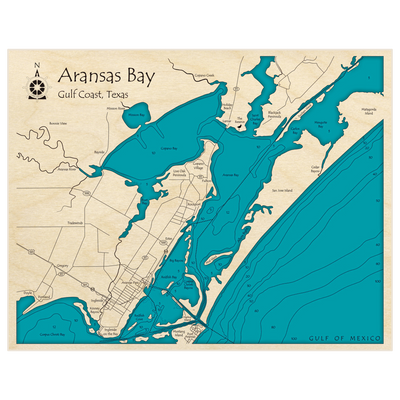 Bathymetric topo map of Aransas Bay with roads, towns and depths noted in blue water