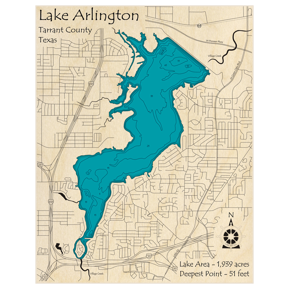 Bathymetric topo map of Lake Arlington with roads, towns and depths noted in blue water