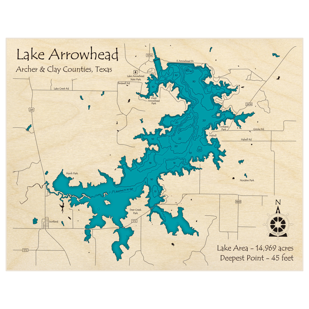 Bathymetric topo map of Lake Arrowhead with roads, towns and depths noted in blue water