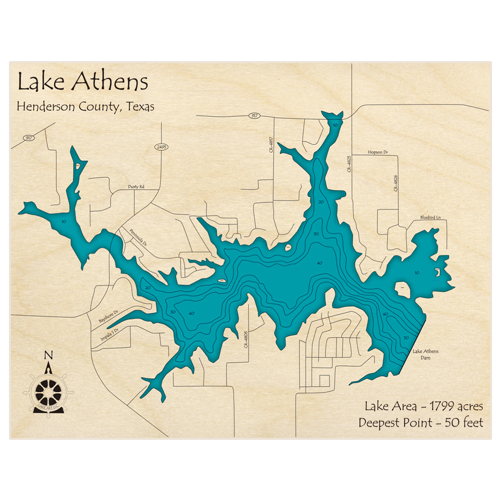 Bathymetric topo map of Lake Athens with roads, towns and depths noted in blue water