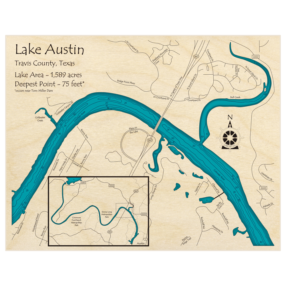 Bathymetric topo map of Lake Austin (Zoomed in on Bull Creek) with roads, towns and depths noted in blue water