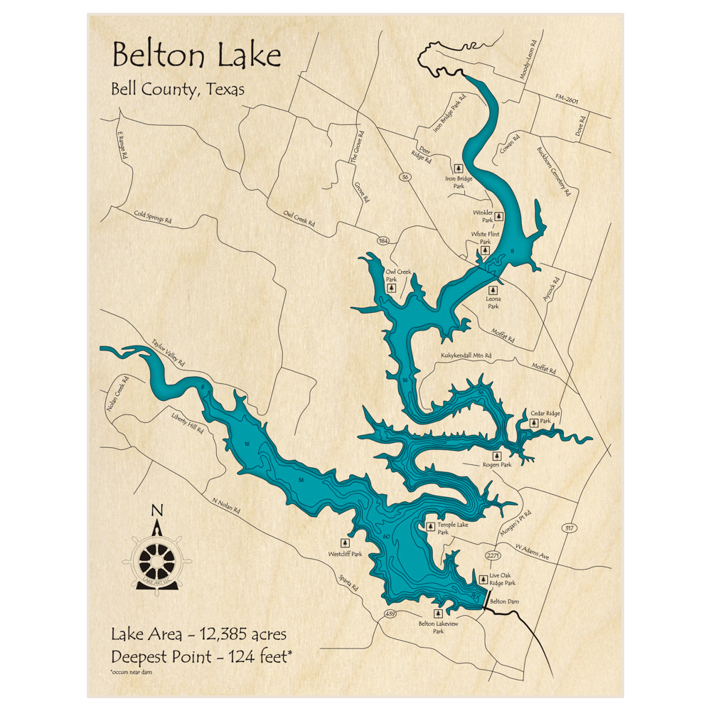 Bathymetric topo map of Belton Lake with roads, towns and depths noted in blue water