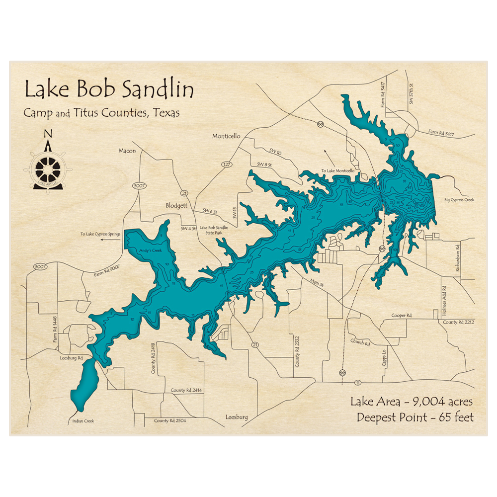 Bathymetric topo map of Lake Bob Sandlin with roads, towns and depths noted in blue water