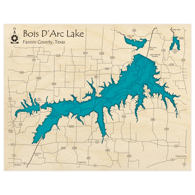 Bathymetric topo map of Bois D Arc Lake with roads, towns and depths noted in blue water