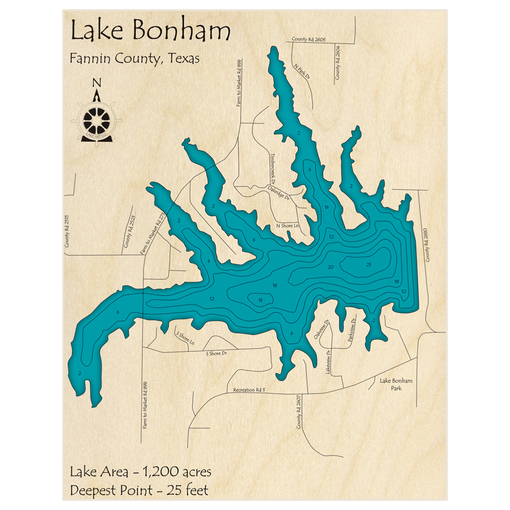 Bathymetric topo map of Lake Bonham with roads, towns and depths noted in blue water