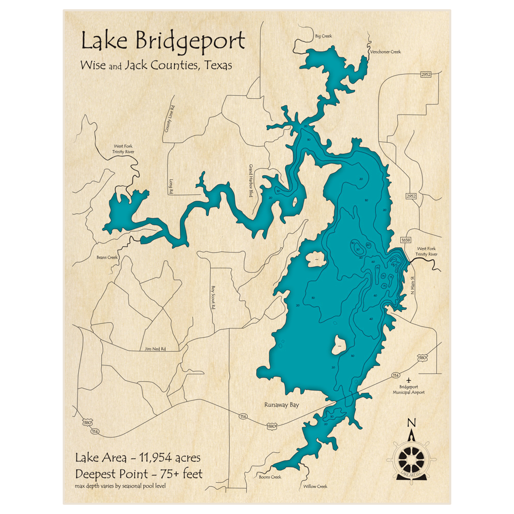 Bathymetric topo map of Lake Bridgeport with roads, towns and depths noted in blue water