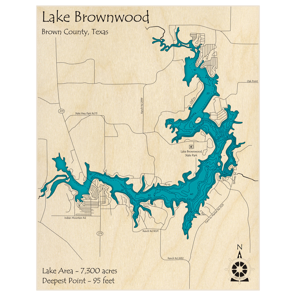 Bathymetric topo map of Lake Brownwood with roads, towns and depths noted in blue water
