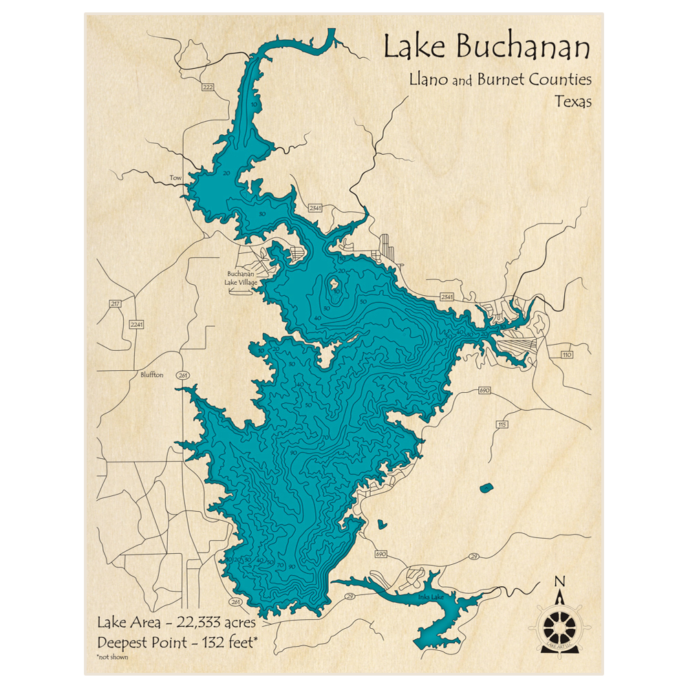 Bathymetric topo map of Lake Buchanan with roads, towns and depths noted in blue water