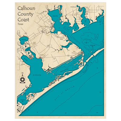 Bathymetric topo map of Calhoun County Coastline with roads, towns and depths noted in blue water