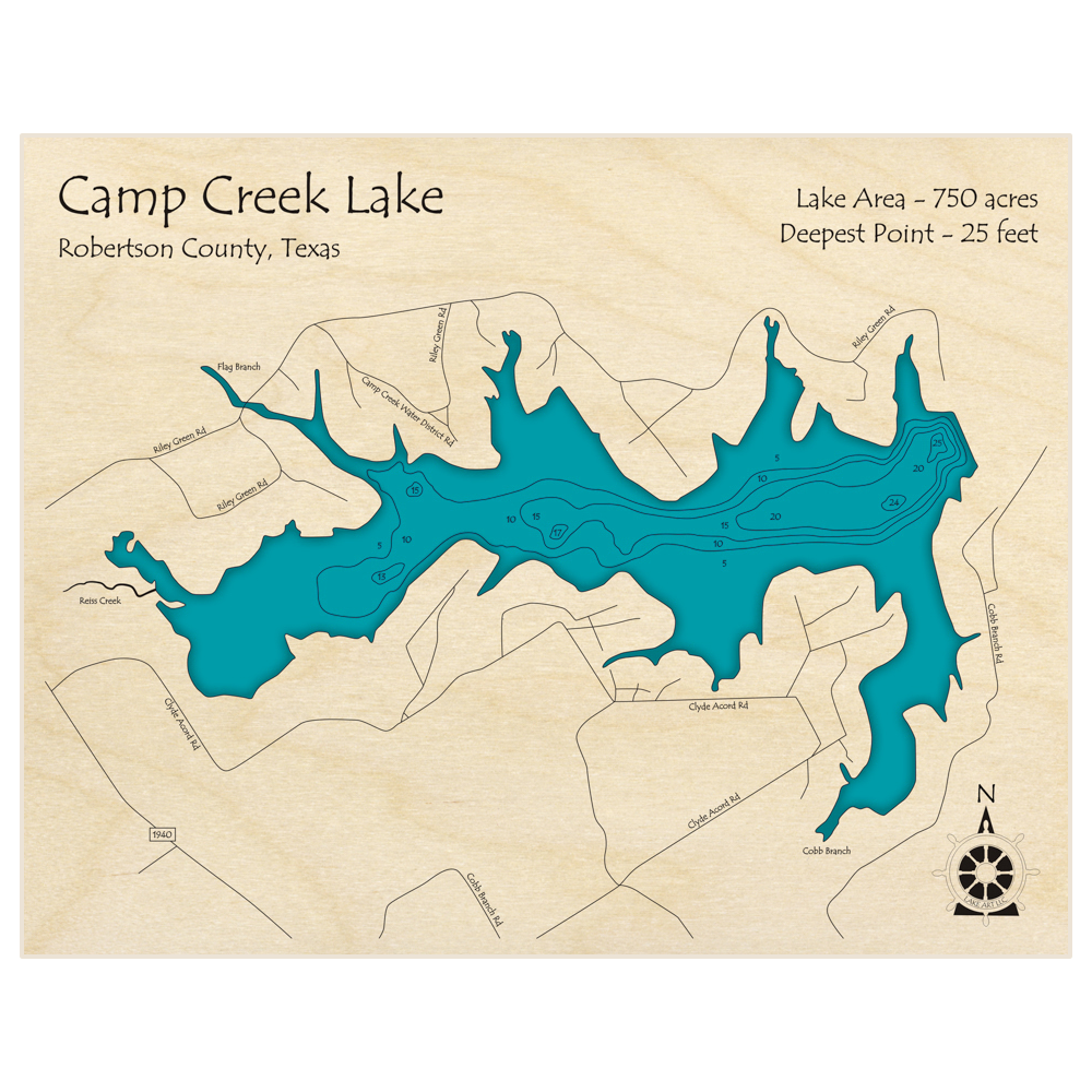 Bathymetric topo map of Camp Creek Lake with roads, towns and depths noted in blue water
