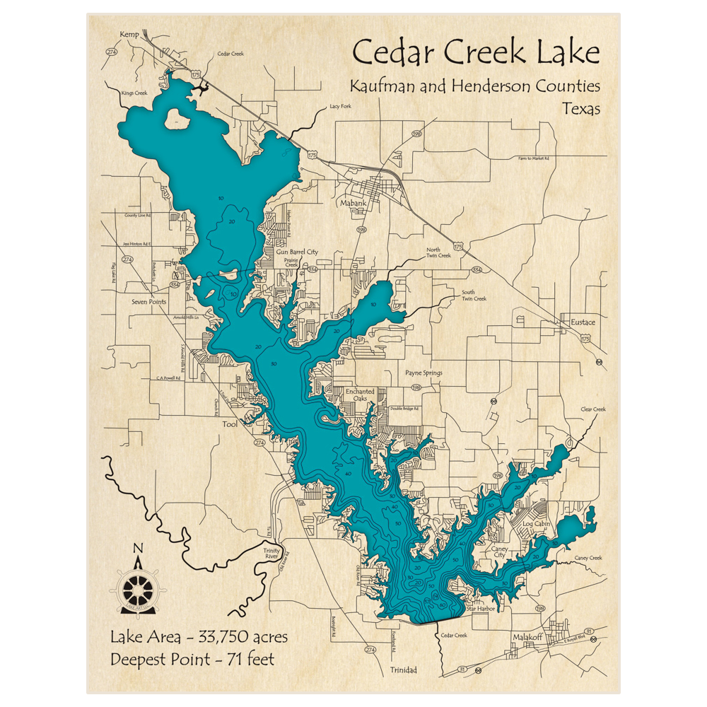 Bathymetric topo map of Cedar Creek Lake with roads, towns and depths noted in blue water
