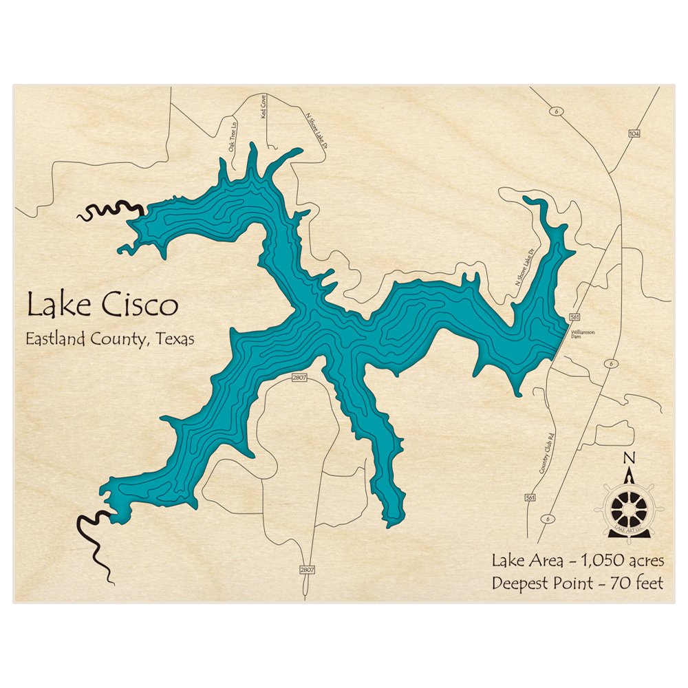 Bathymetric topo map of Lake Cisco with roads, towns and depths noted in blue water