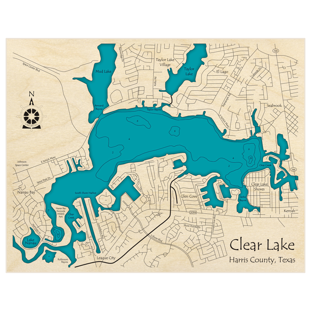 Bathymetric topo map of Clear Lake with roads, towns and depths noted in blue water