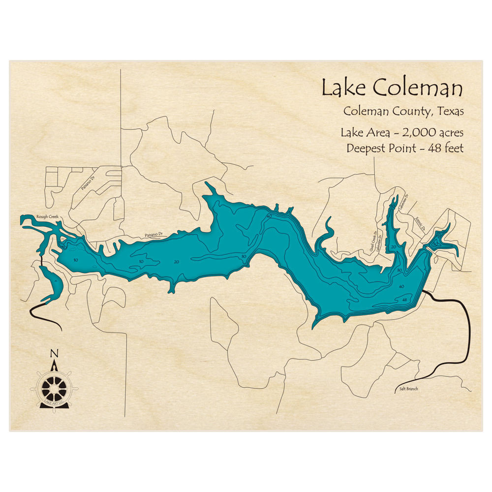 Bathymetric topo map of Lake Coleman with roads, towns and depths noted in blue water