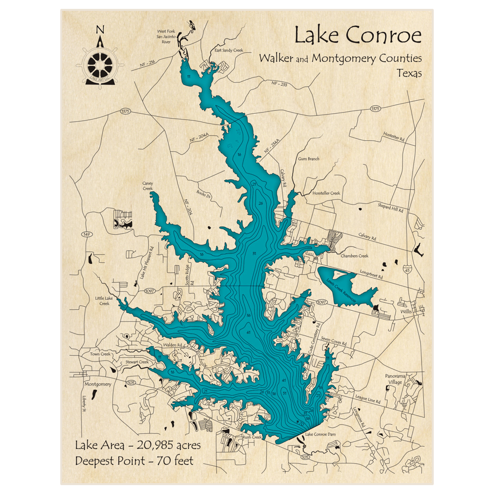 Bathymetric topo map of Lake Conroe with roads, towns and depths noted in blue water