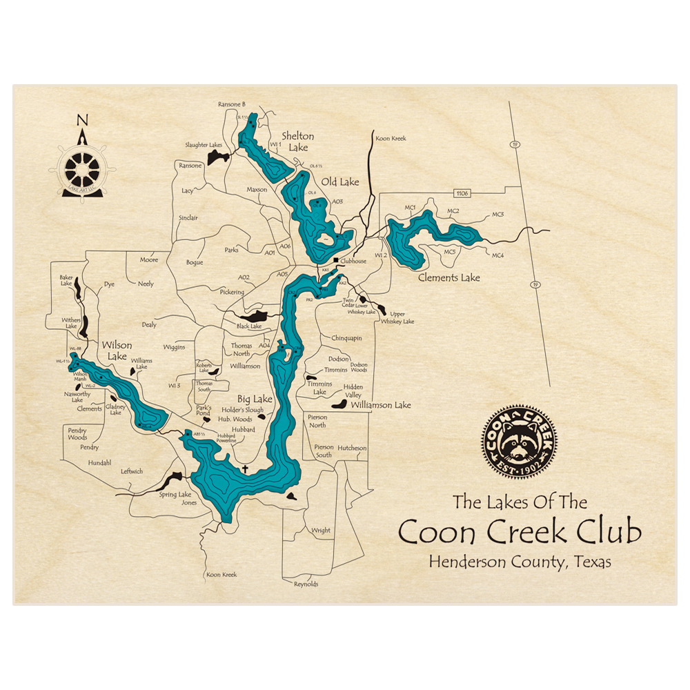 Bathymetric topo map of The Lakes of the Coon Creek Club with roads, towns and depths noted in blue water