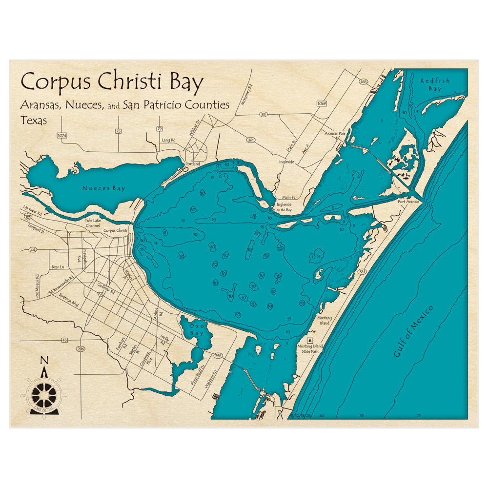 Bathymetric topo map of Corpus Christi Bay with roads, towns and depths noted in blue water