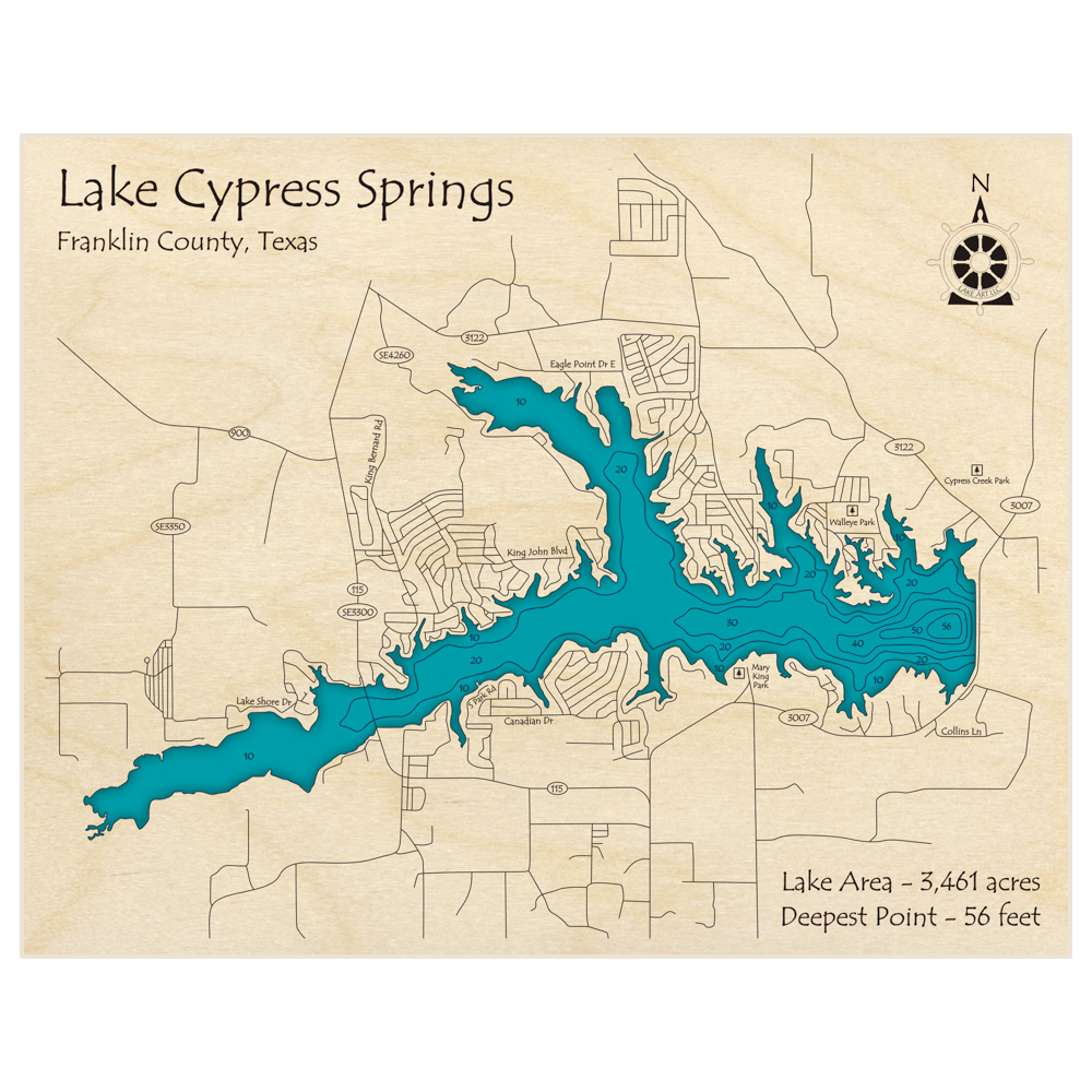 Bathymetric topo map of Lake Cypress Springs with roads, towns and depths noted in blue water
