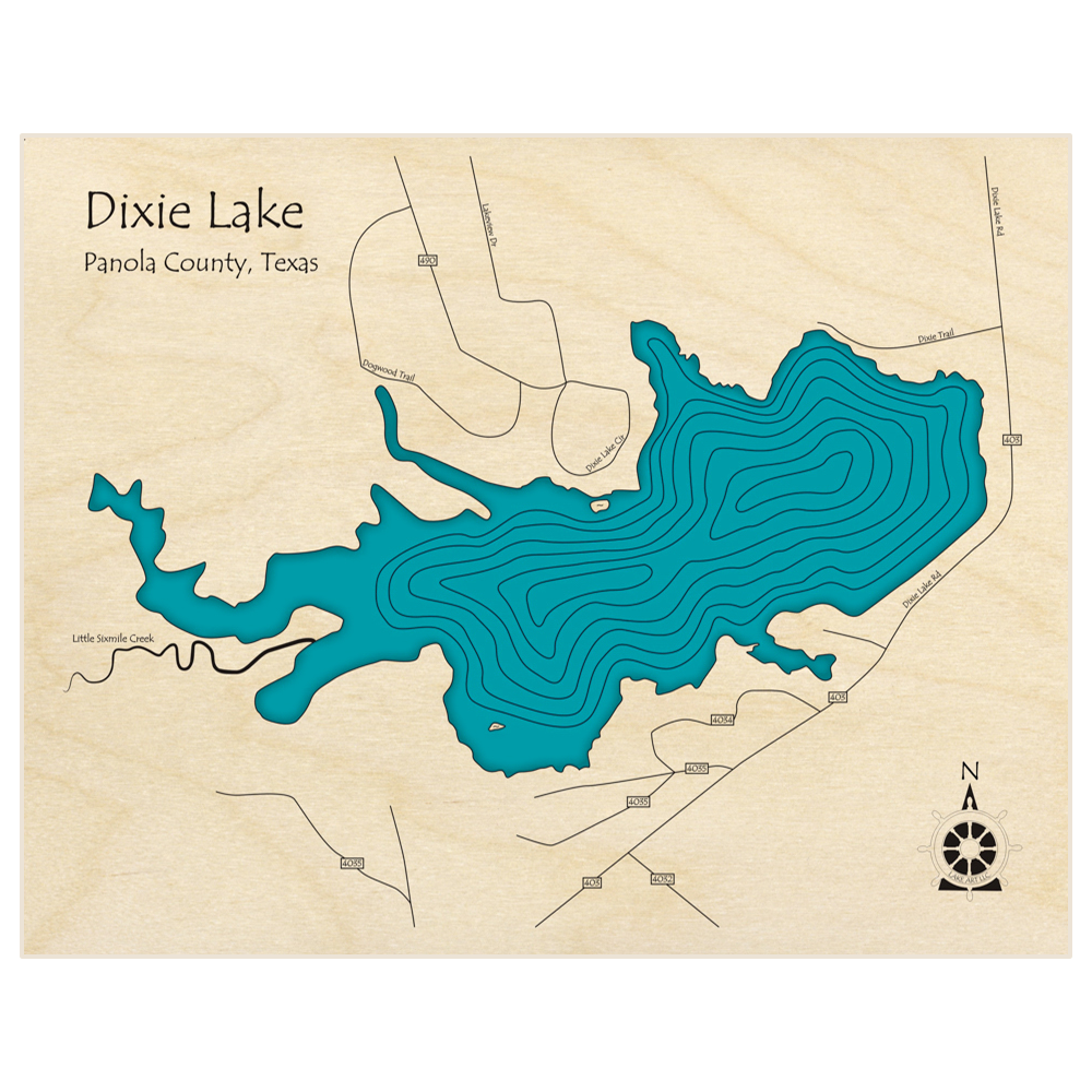 Bathymetric topo map of Dixie Lake  with roads, towns and depths noted in blue water