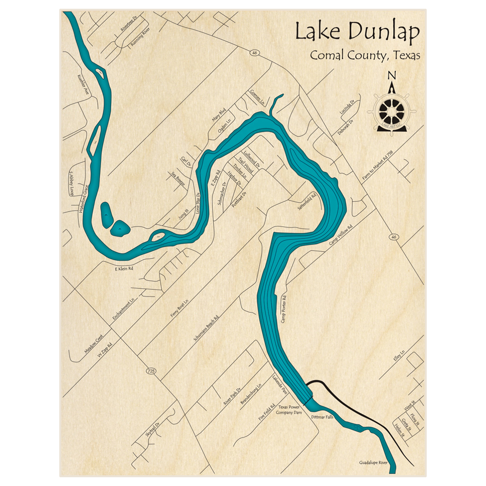 Bathymetric topo map of Lake Dunlap  with roads, towns and depths noted in blue water