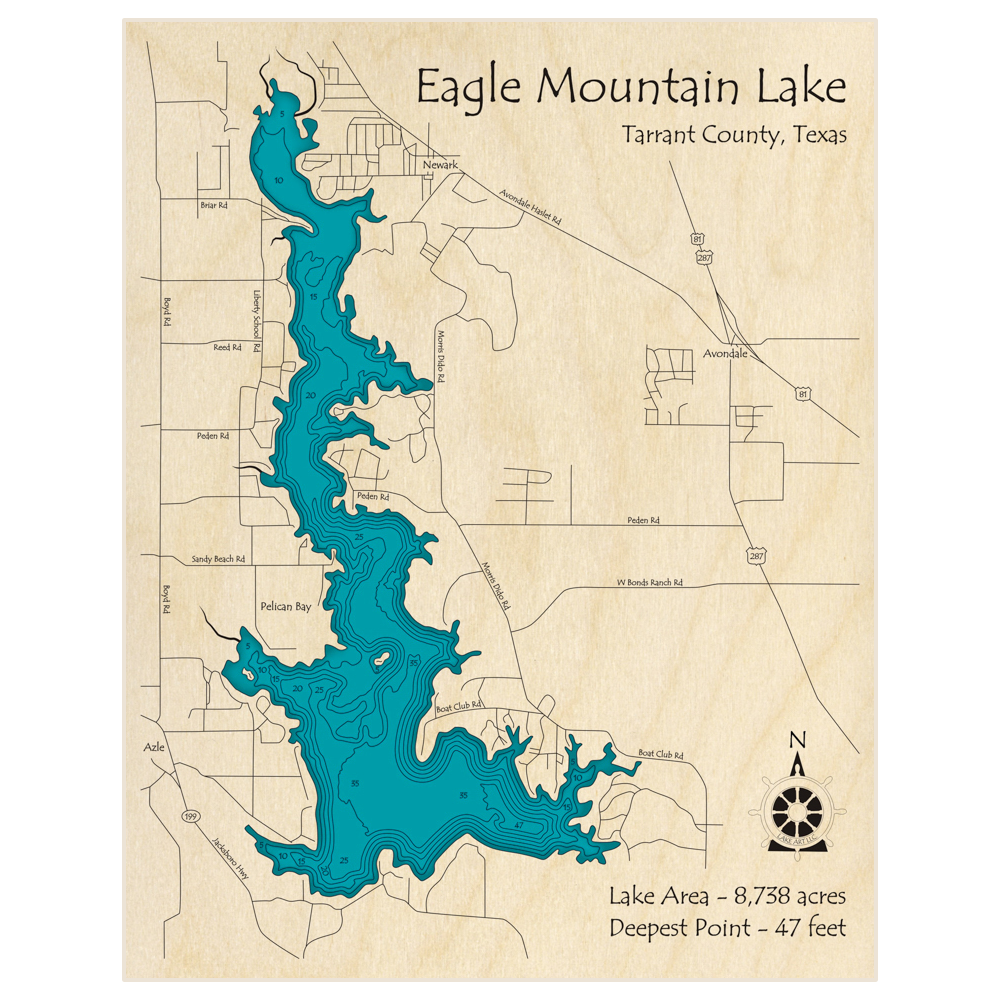 Bathymetric topo map of Eagle Mountain Lake with roads, towns and depths noted in blue water