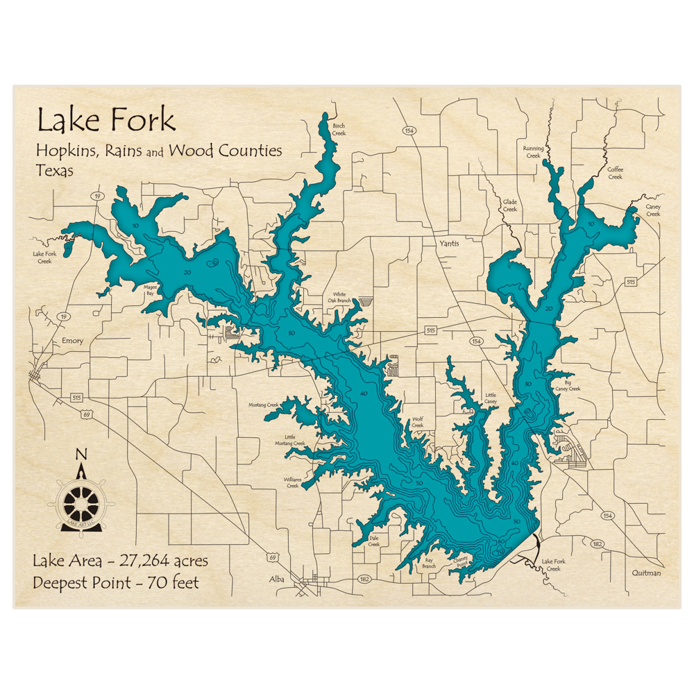 Bathymetric topo map of Lake Fork with roads, towns and depths noted in blue water